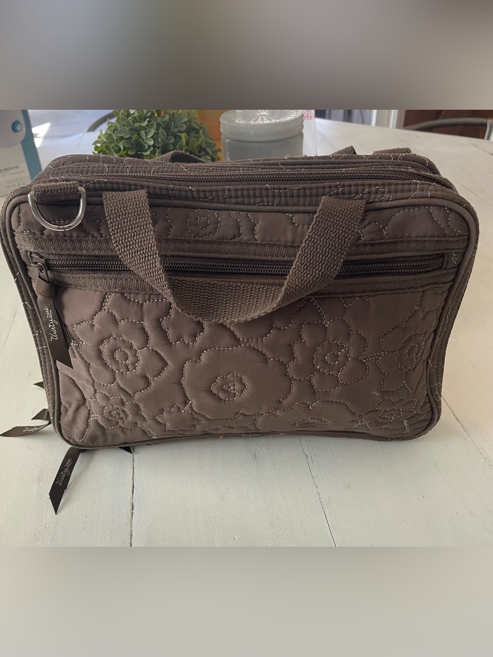 THIRTY ONE Travel Cosmetic Bag Brown Quilted Poppy Floral Double Zip Organizer